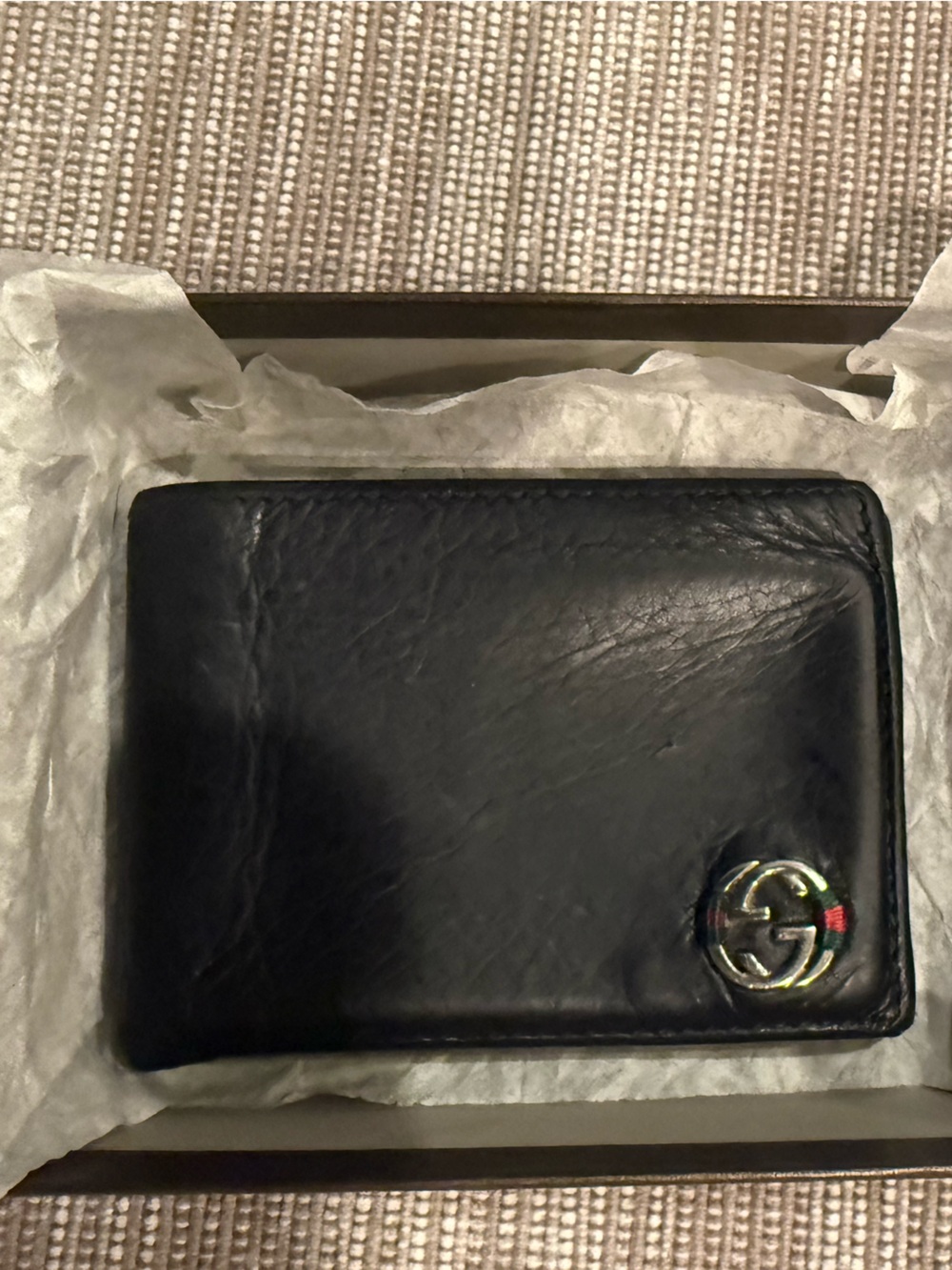 Gucci Black Leather Money Clip Wallet with Gold Double G